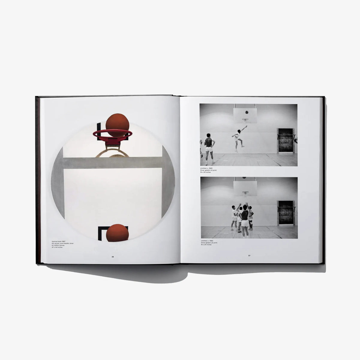 Open photo art book spread with abstract circles and small figure photos