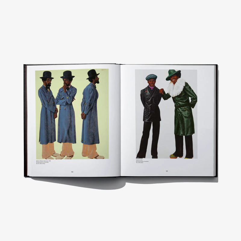 Open photo art book spread with men in colorful coats and hats