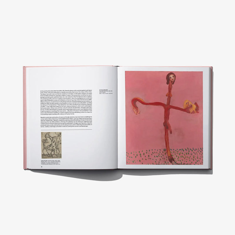 Open art book spread with full-body figure artwork on right page and text on left