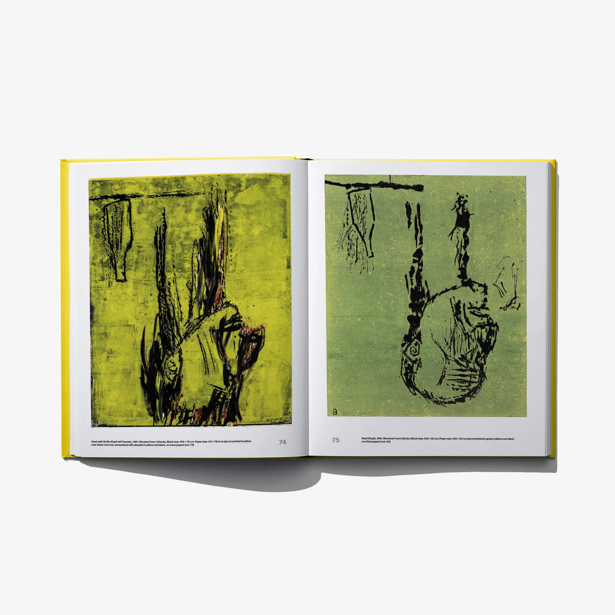 Opened art book with two green-toned abstract prints on white pages