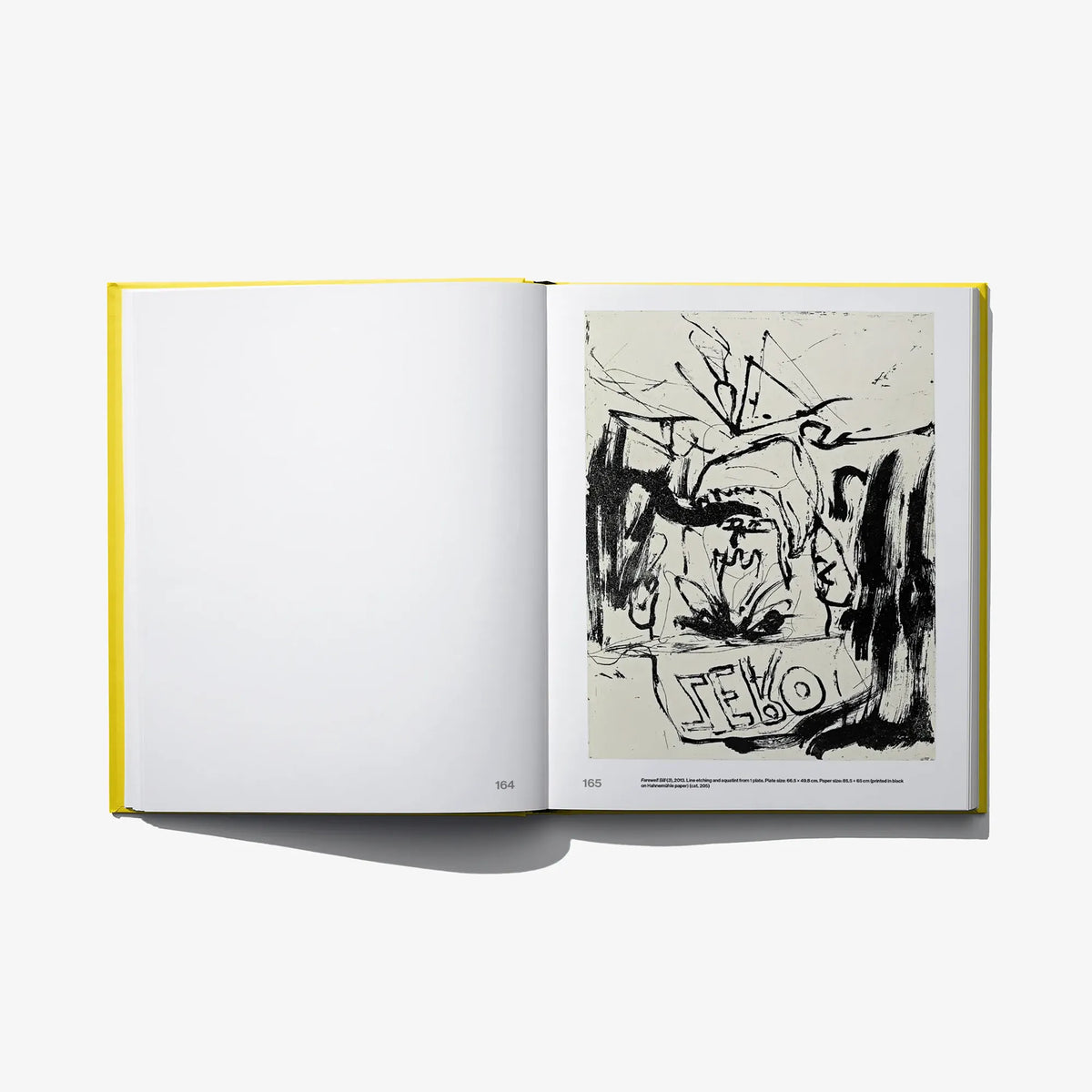 Opened art book with blank left page and black-and-white sketch print on right