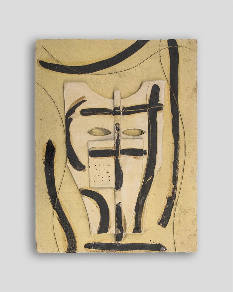 Terracotta dipinta sculpture by Skira Arte for Mimmo Paladino, limited edition with italian book, beige and black face
