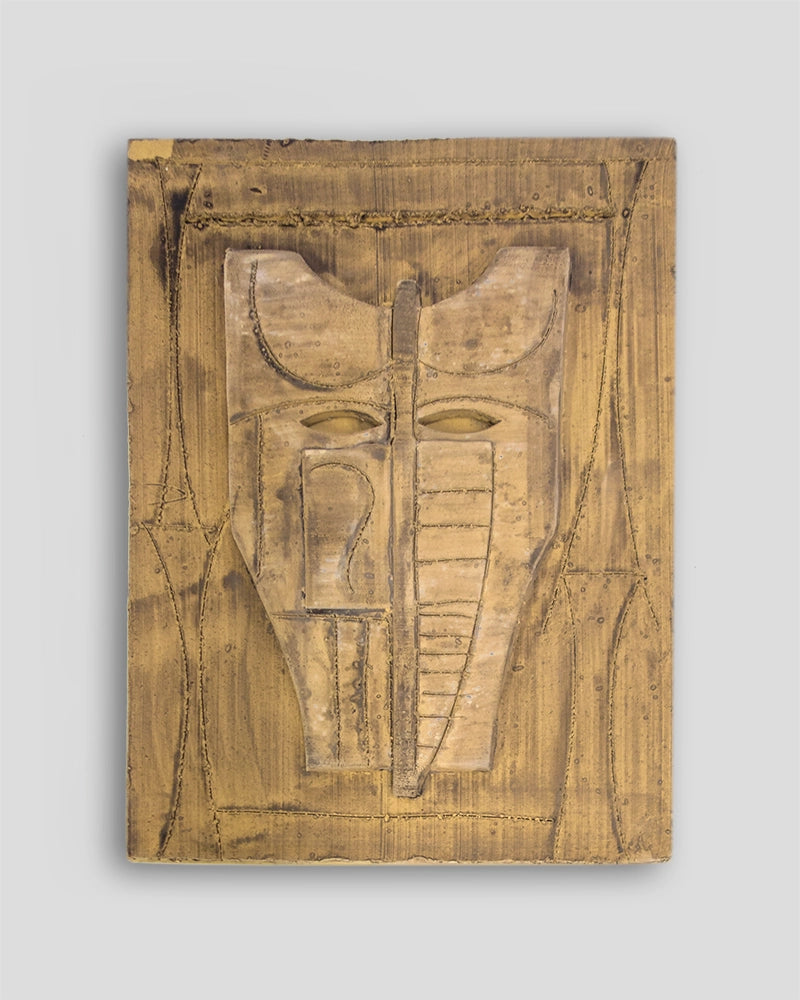 Limited edition terracotta painted sculpture by Mimmo Paladino for Skira Arte, front view on a light background