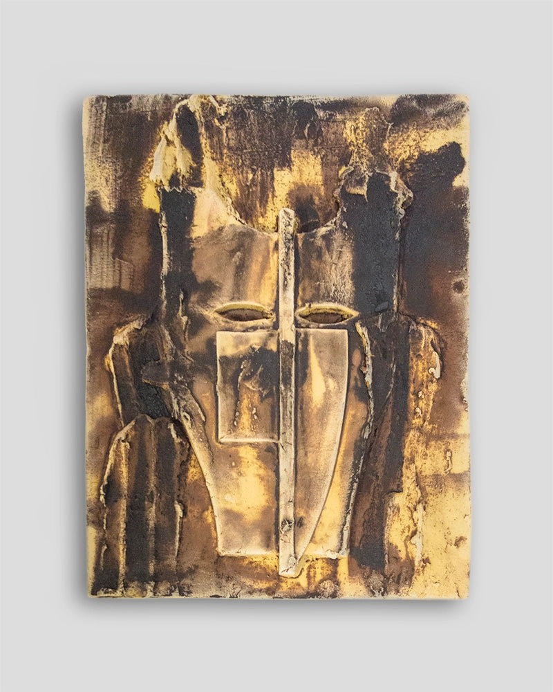 Terracotta painted sculpture by Skira Arte, limited edition with italian book, abstract face in gold and dark tones