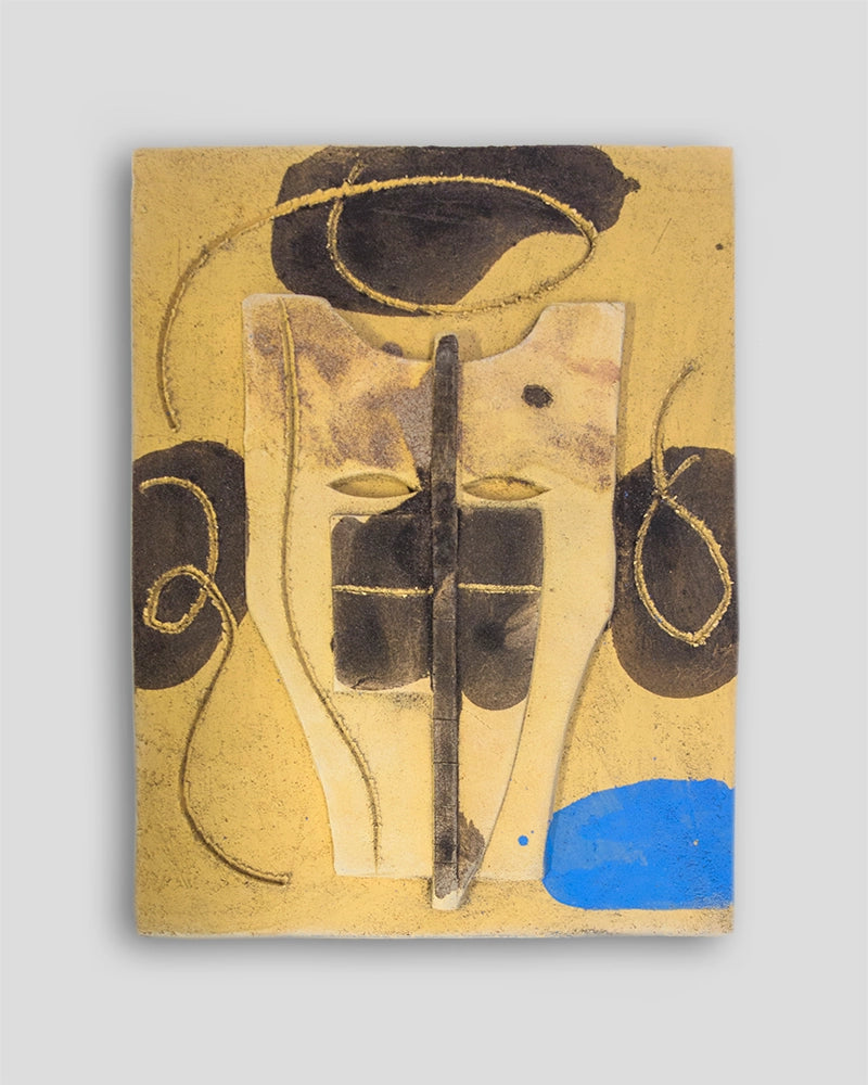Limited edition terracotta dipinta sculpture by Skira Arte, with painted blue base and black figure on yellow background