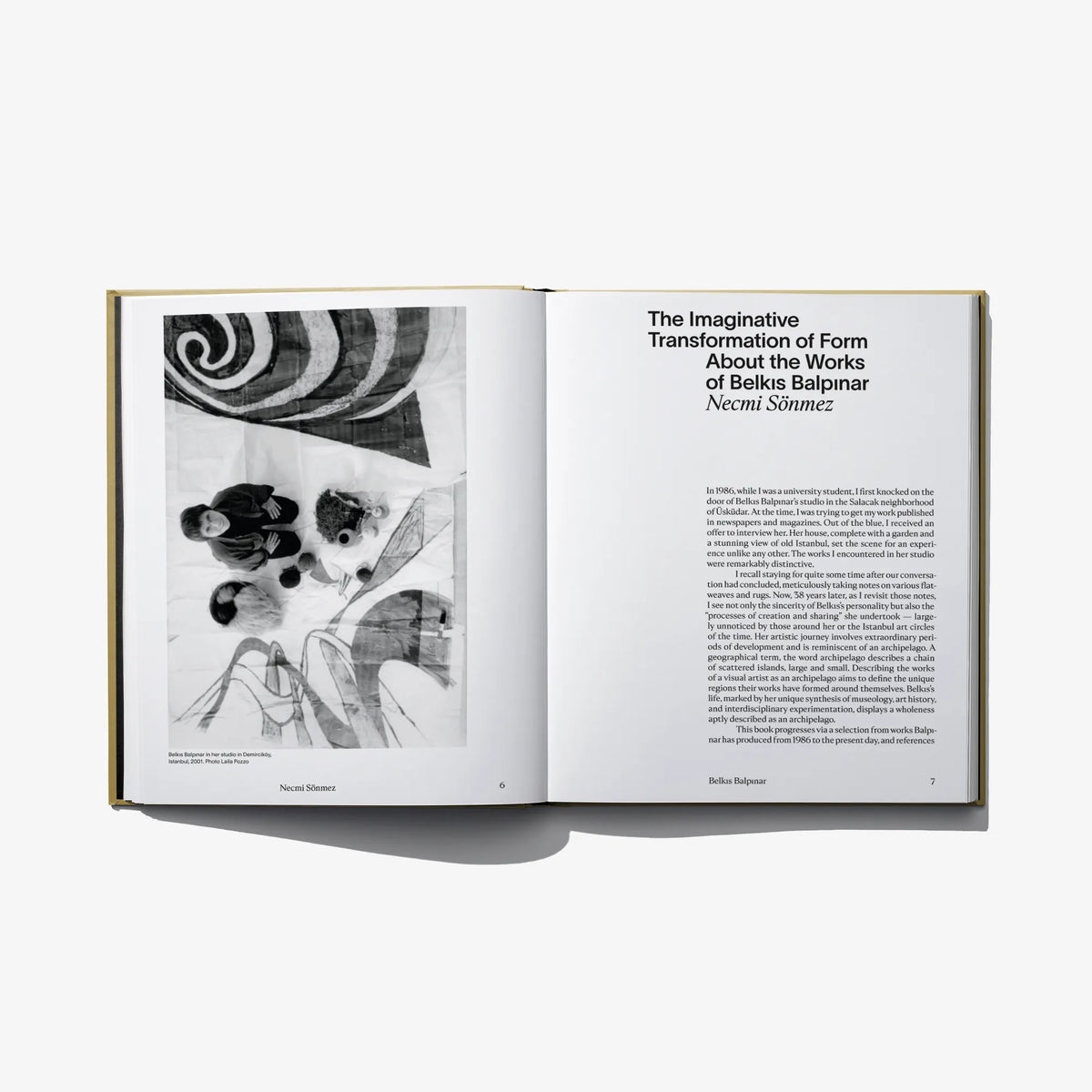 Open art book with grayscale abstract artwork on the left and dense text on the right