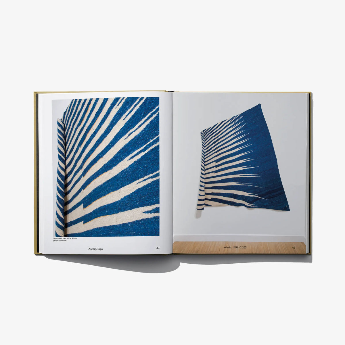 Open art book with blue-and-white zebra-striped artwork on both left and right pages