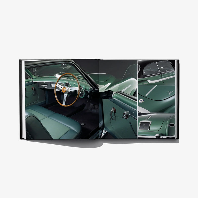 Open hardcover book spread showing a green vintage car interior and dashboard