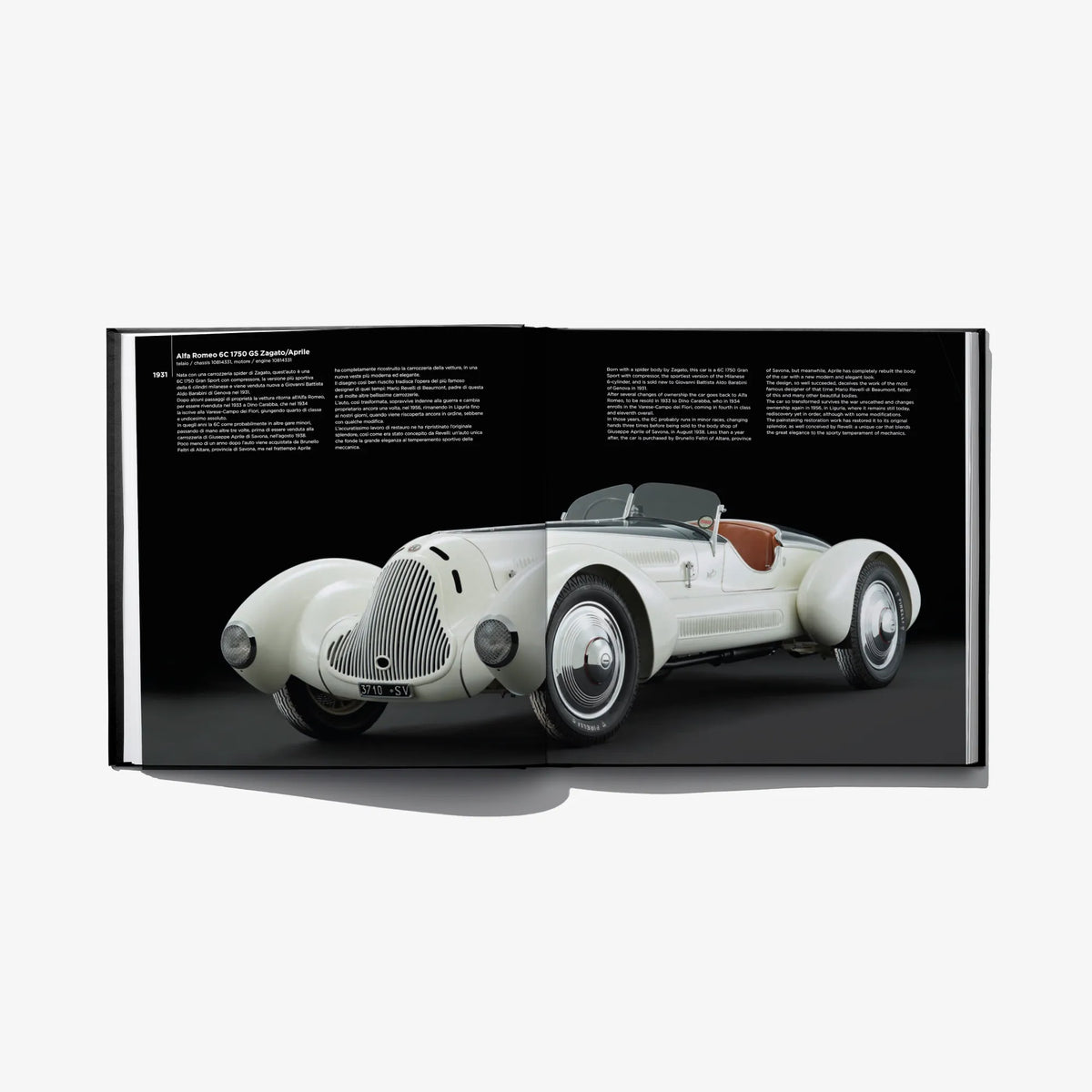 Open hardcover book spread featuring a white vintage convertible car
