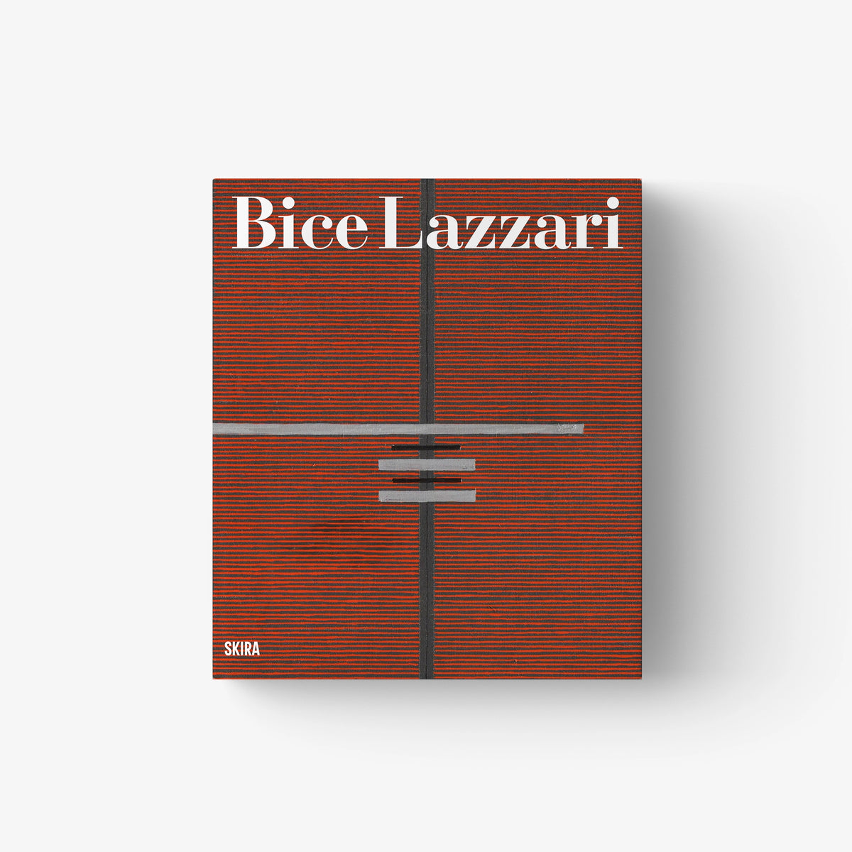 Bice Lazzari catalog book cover, orange horizontal stripes with black vertical spine, SKIRA