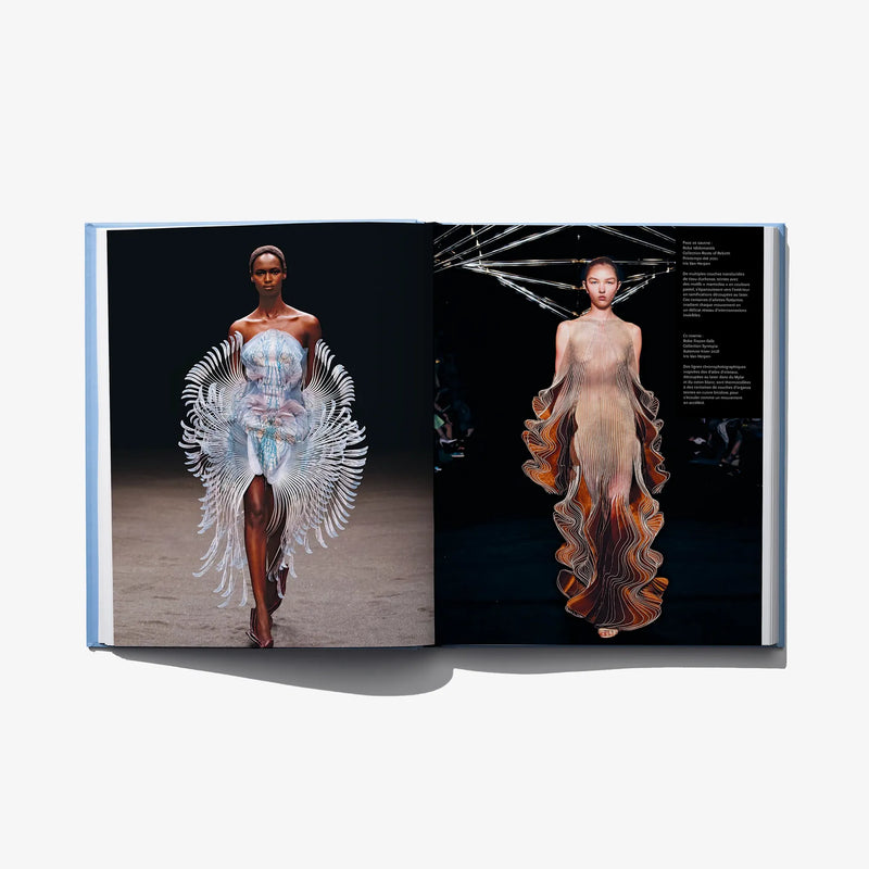Open hardcover book with artwork of winged humanoid figures in blue and orange