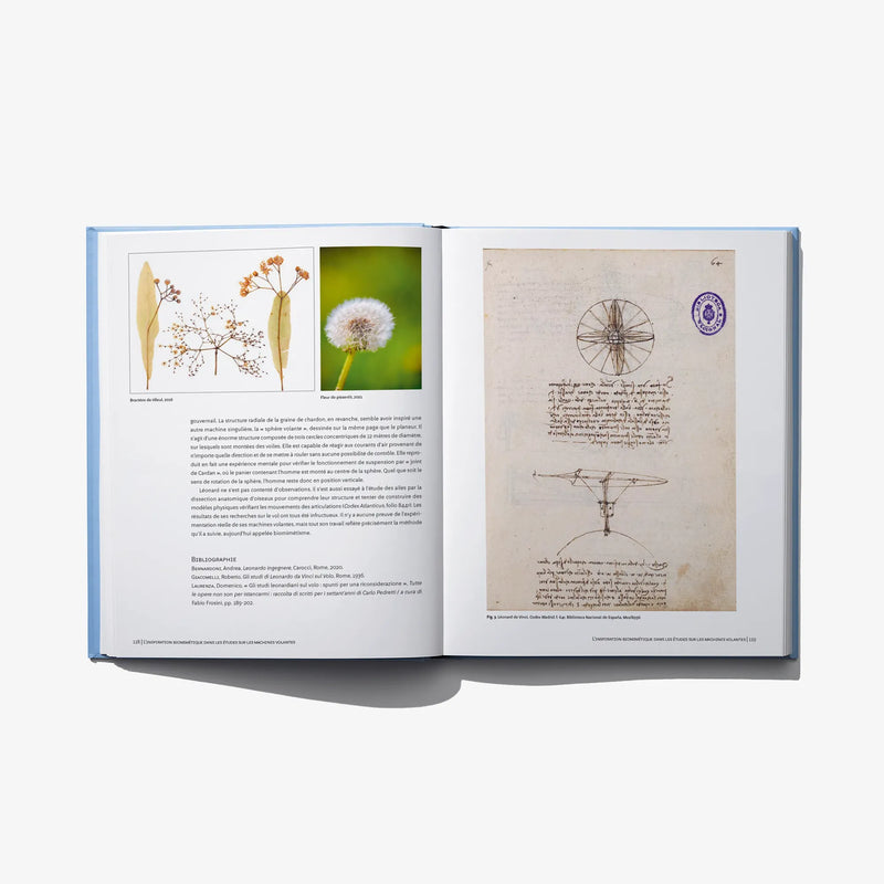 Open hardcover book with botanical diagrams on left and vintage map drawing on right