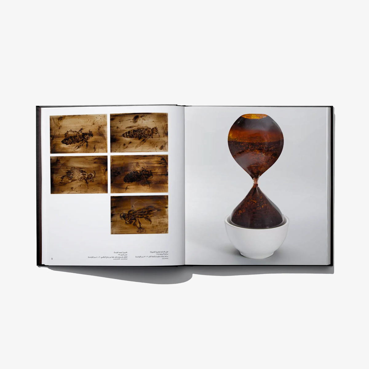 Open book spread with sepia artwork tiles on the left and an hourglass-like figure on the right