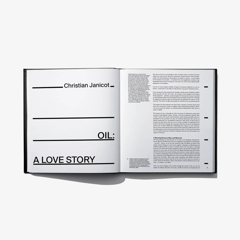 Open hardcover art book showing “OIL: A LOVE STORY” and an author text block