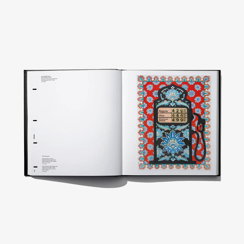 Open hardcover art book with minimal left page and ornate multicolor design on right