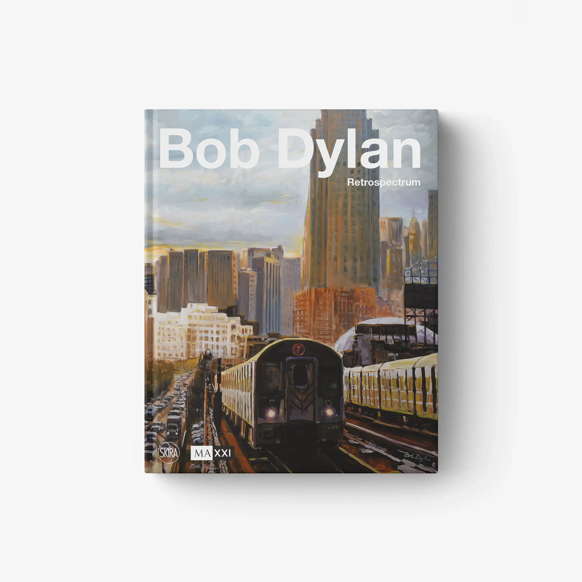 Bob Dylan Retrospectrum book cover with train and city skyline
