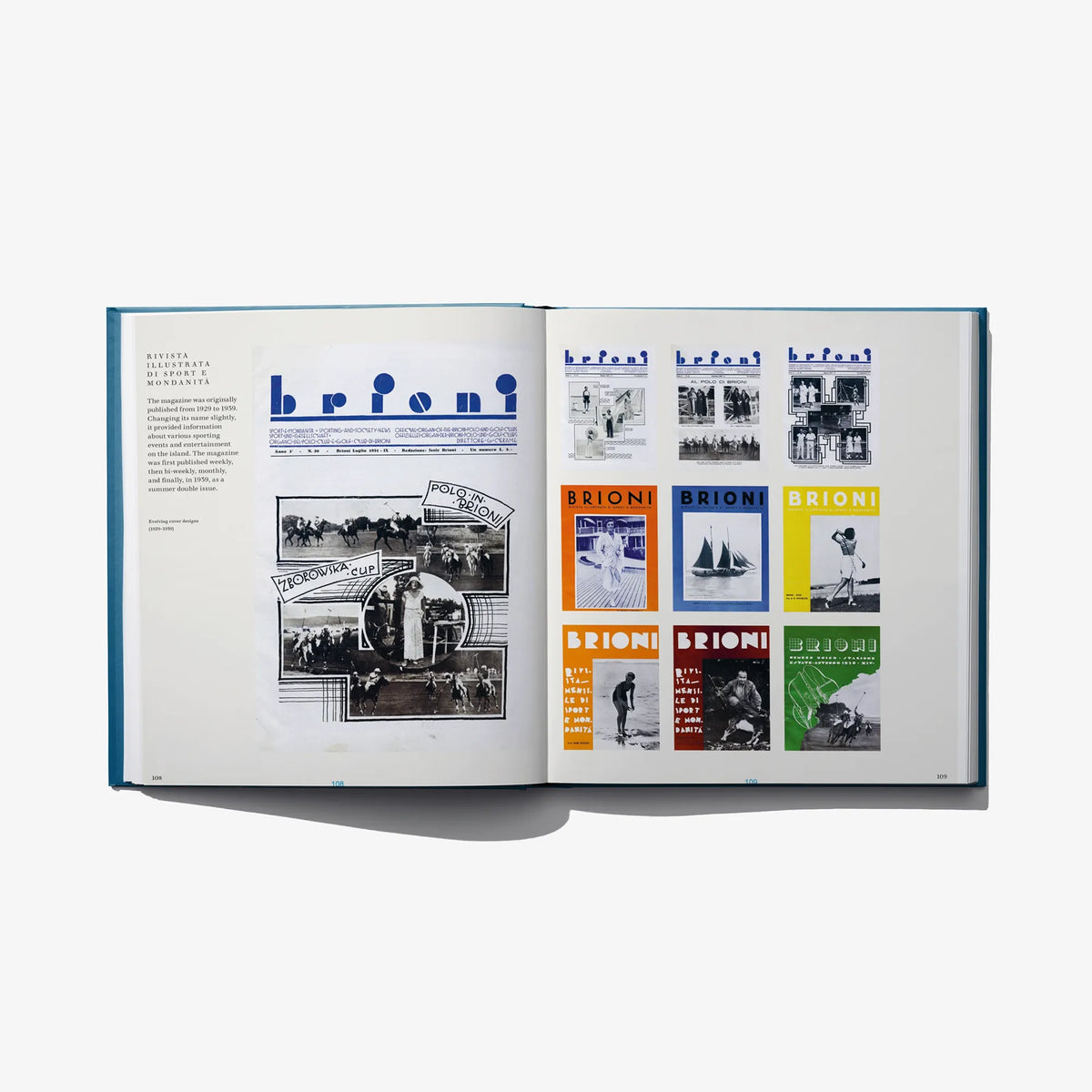 Open photo book spread with black-and-white photos and colorful Brioni booklets.