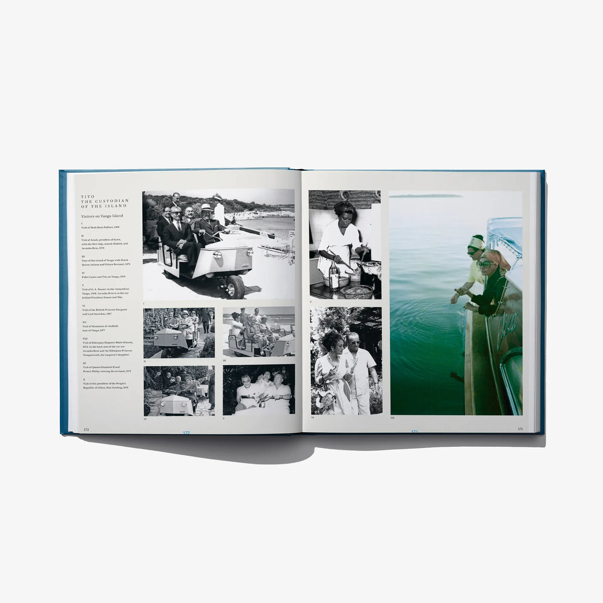 Open photo book spread with black-and-white portraits and a color seaside scene.