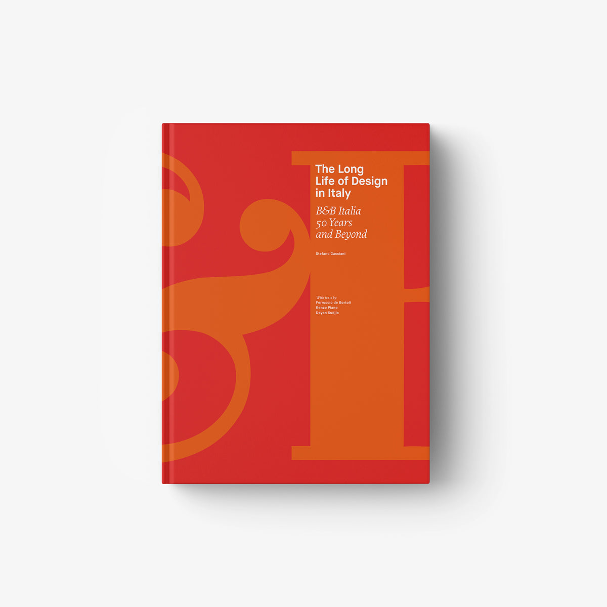 Hardcover book with red cover and abstract yellow and orange graphics