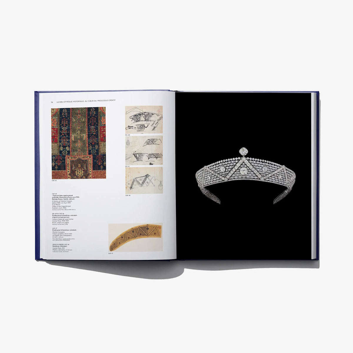 Open Cartier book with textile patterns on the left and a crown drawing on black