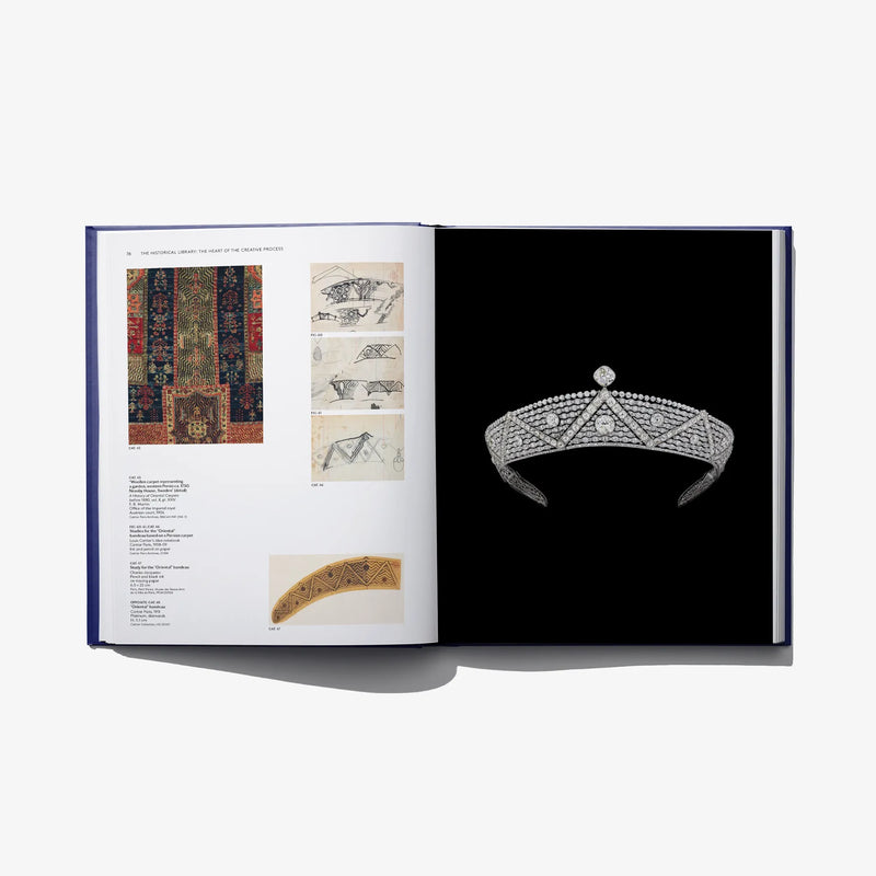 Open book with a jeweled crown illustration on the right and textile patterns on the left