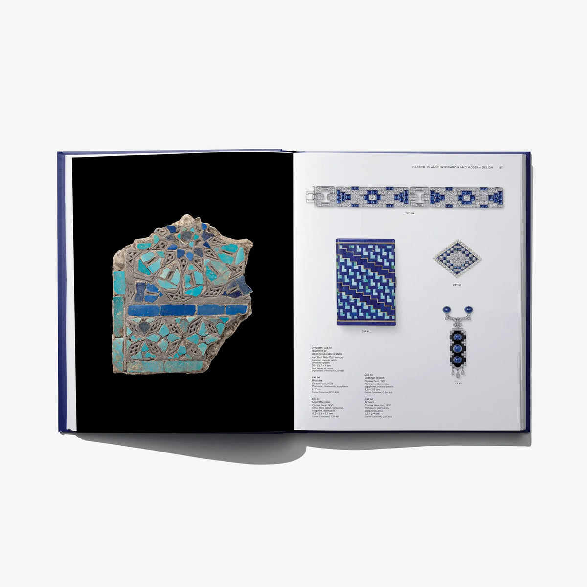 Open book showing blue mosaic jewelry on the left and matching accessories on the right