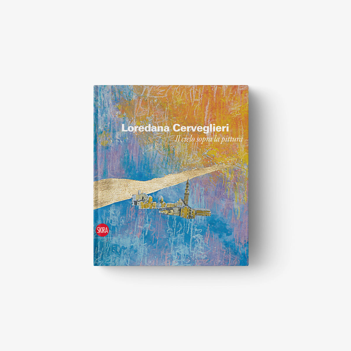 Loredana Cerveglieri art book cover, blue abstract sky and cityscape, orange streaks.