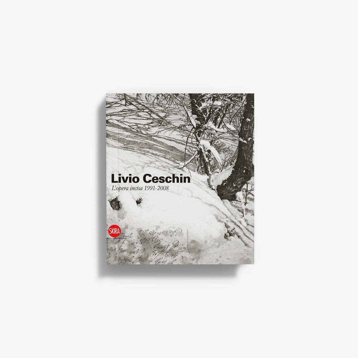 Monochrome book cover with tree engraving and text, Livio Ceschin title and dates