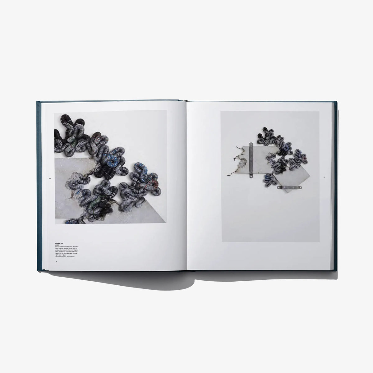 Open art book spread showing two grayscale bead-like sculpture photographs.
