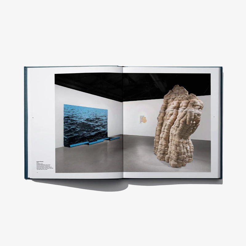 Open art book spread with beige draped sculpture and a small ocean landscape photo.