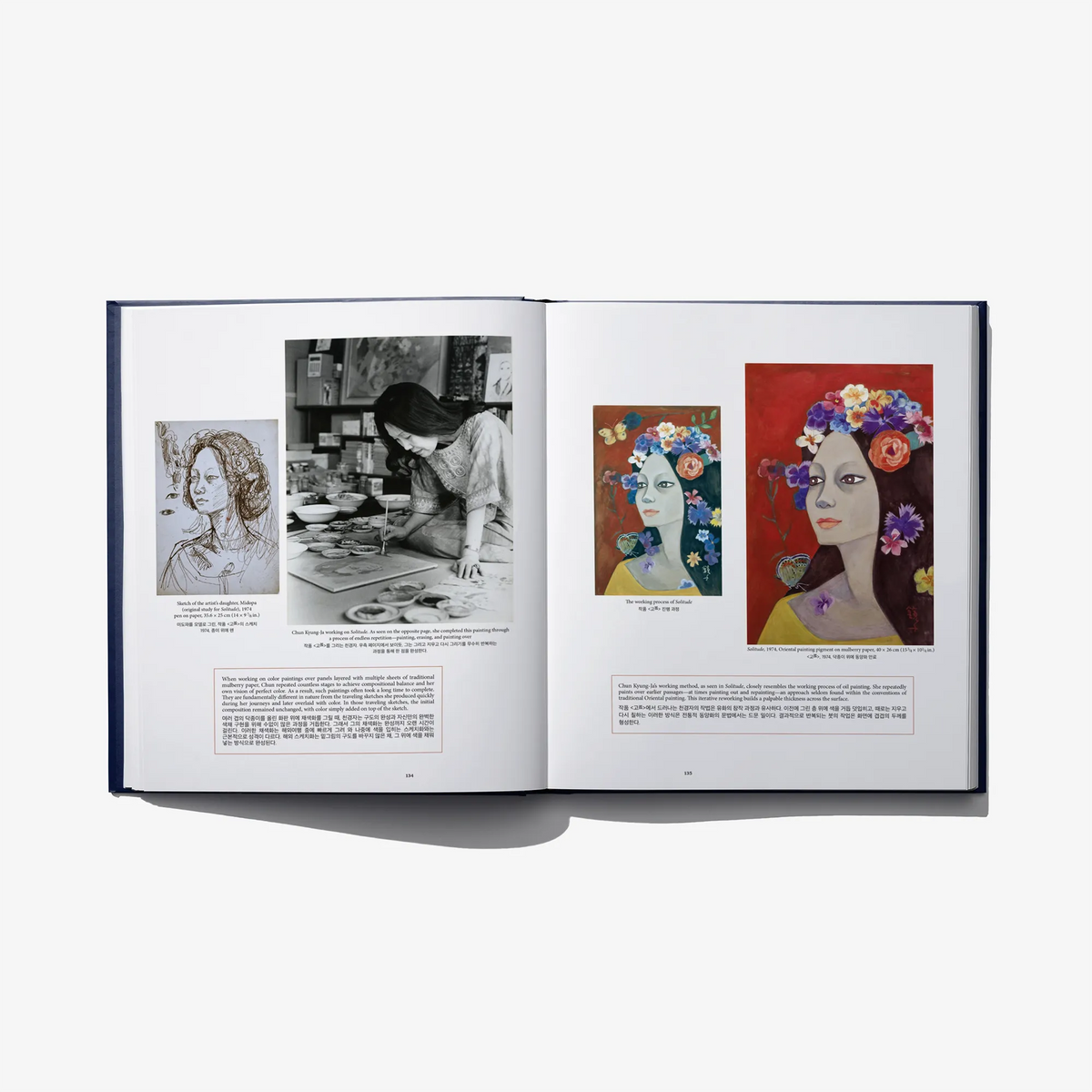 Open art book spread with black-and-white portrait photos and two colorful painted faces