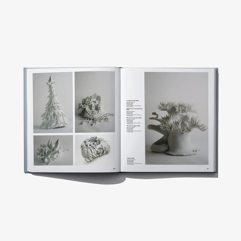 Open hardcover art book spread with framed sculpture photos on both pages