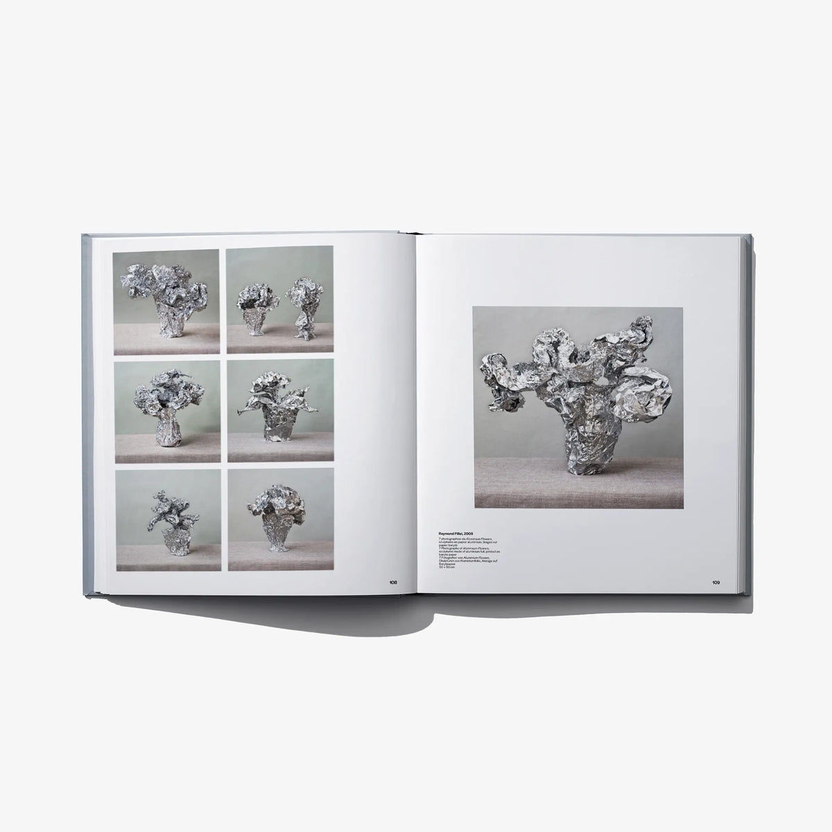 Open hardcover art book showing silver-toned sculpture photos on both pages