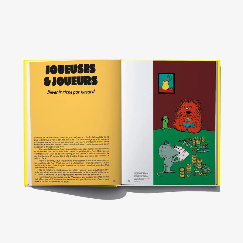 Open comic book spread with yellow page and colorful illustration of a lion-like character