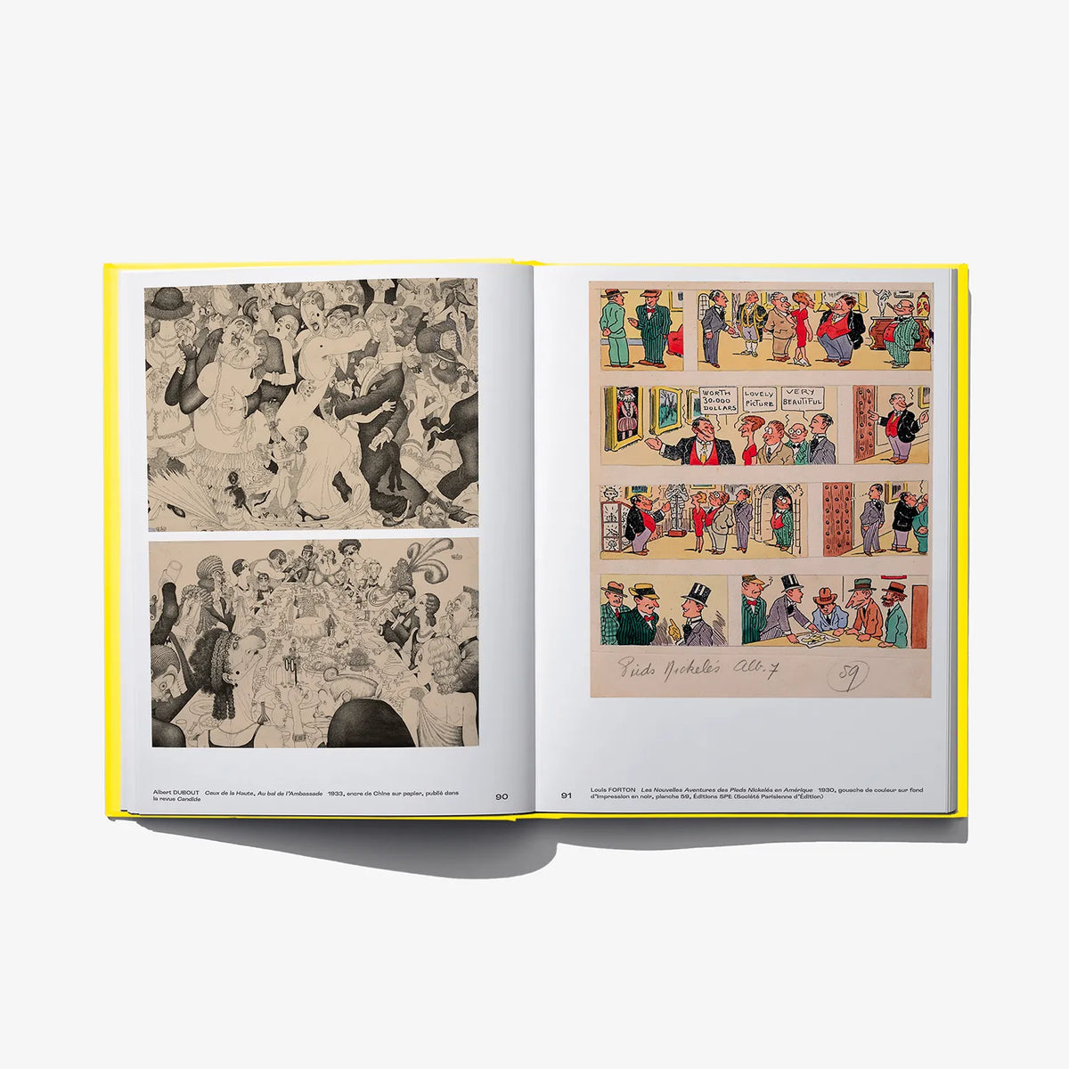 Open comic book spread with grayscale drawings on left and colorful panels on right