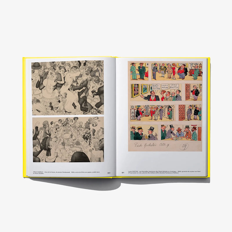 Open comic book spread with grayscale drawings on left and colorful panels on right