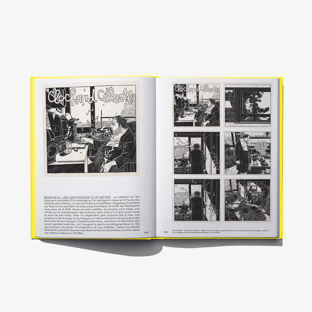 Open graphic novel spread with black-and-white photo panels and blocks of French text