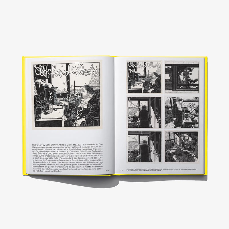 Open graphic novel spread with black-and-white photo panels and blocks of French text