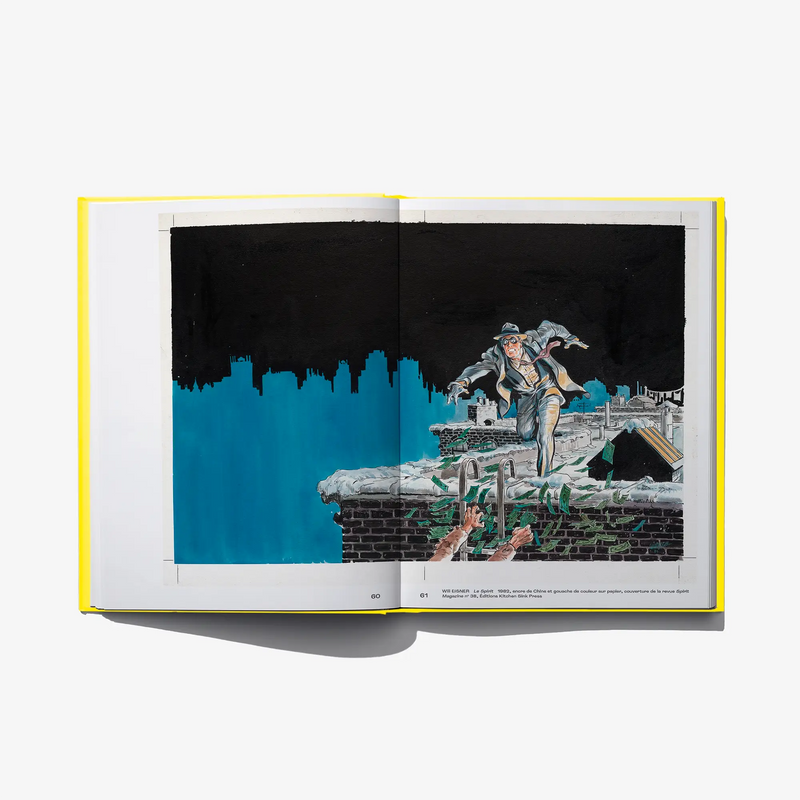 Open comic book spread with blue mural-style art and a figure sitting on rubble