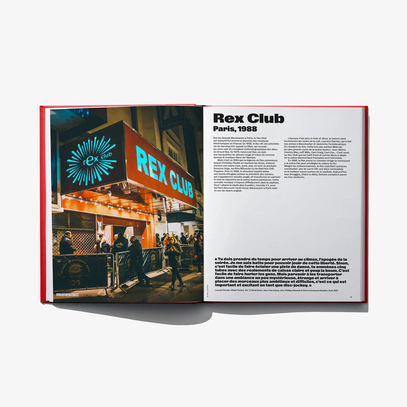 Open club culture book spread with “Rex Club” heading, photos, and dense paragraphs