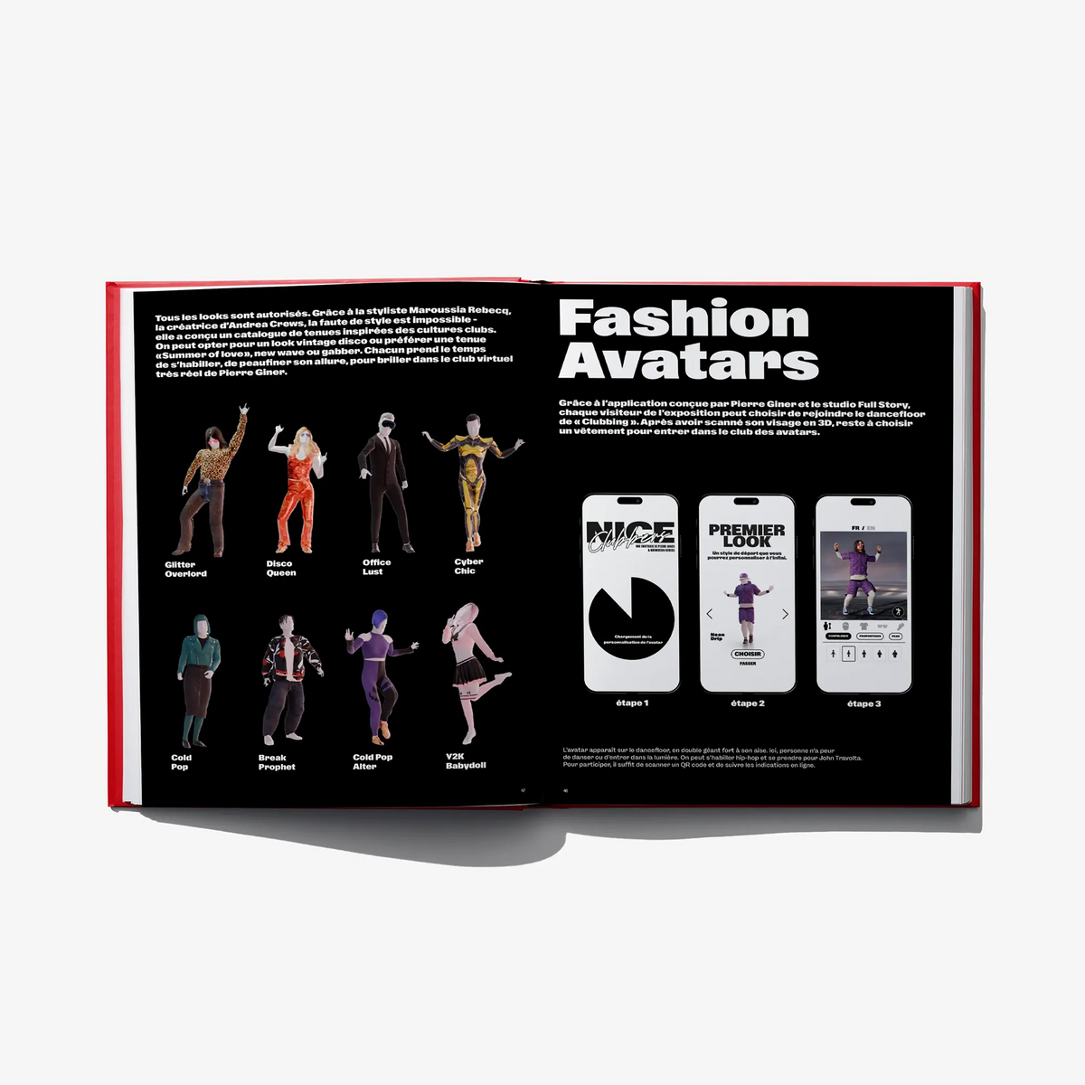 Open club culture book spread with “Fashion Avatars” title and colorful illustrated figures