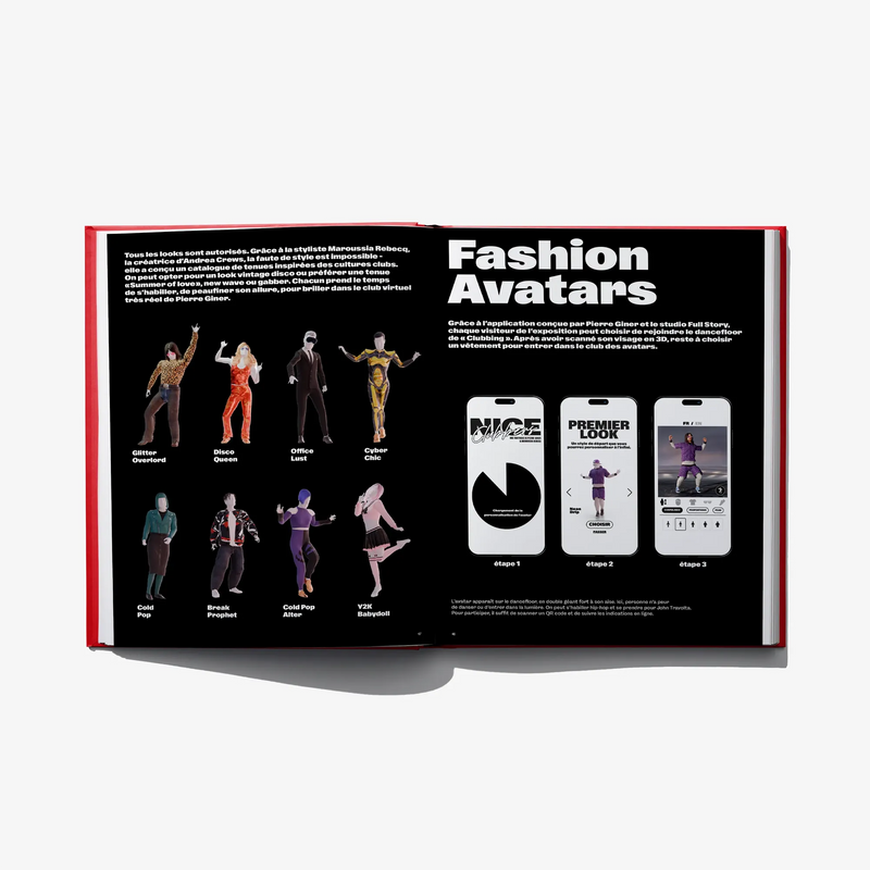 Open club culture book spread with “Fashion Avatars” title and colorful illustrated figures
