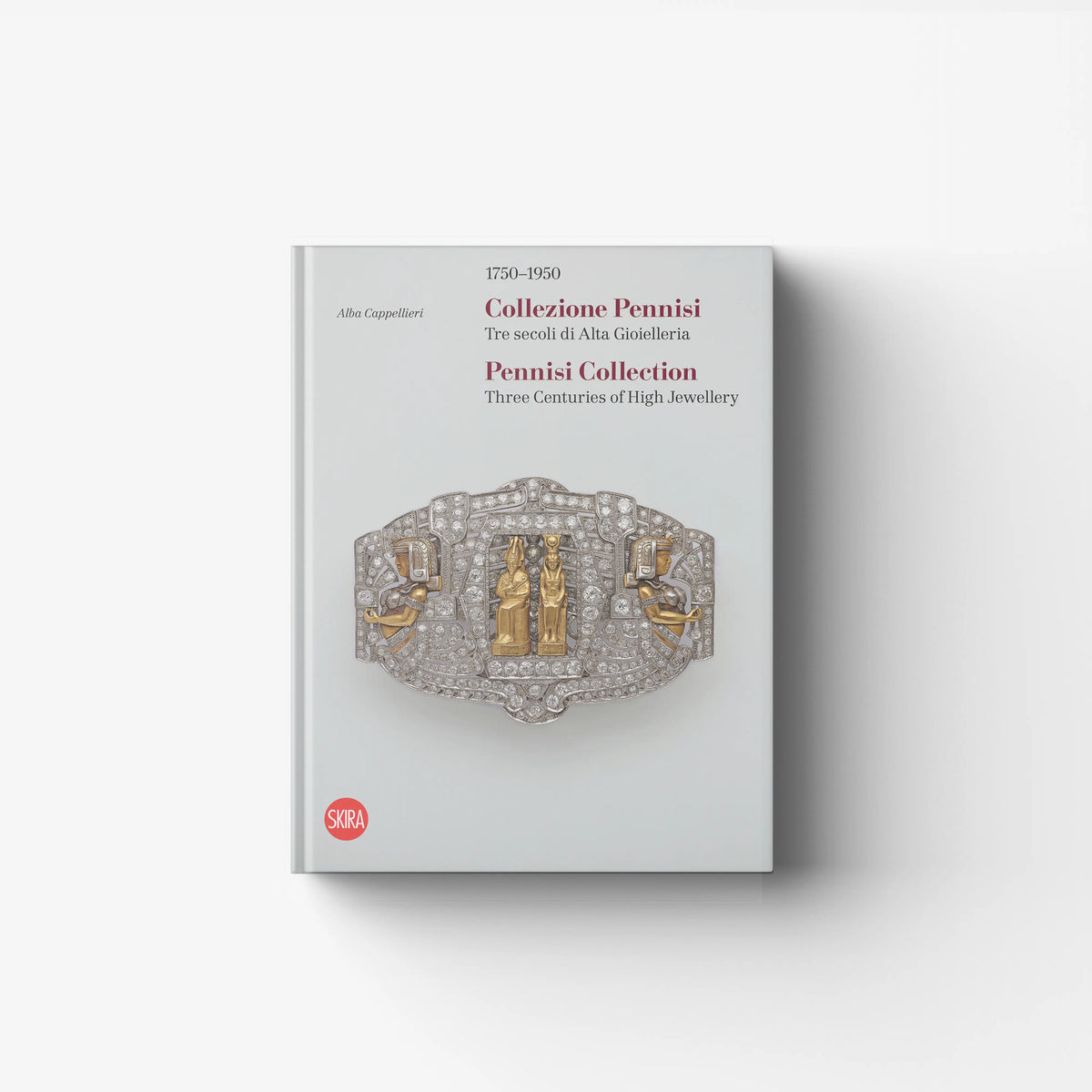 Art book in light grey with embossed jewellery motif, Skira Arte, volume da collezione, Collezione Pennisi 1750-1950