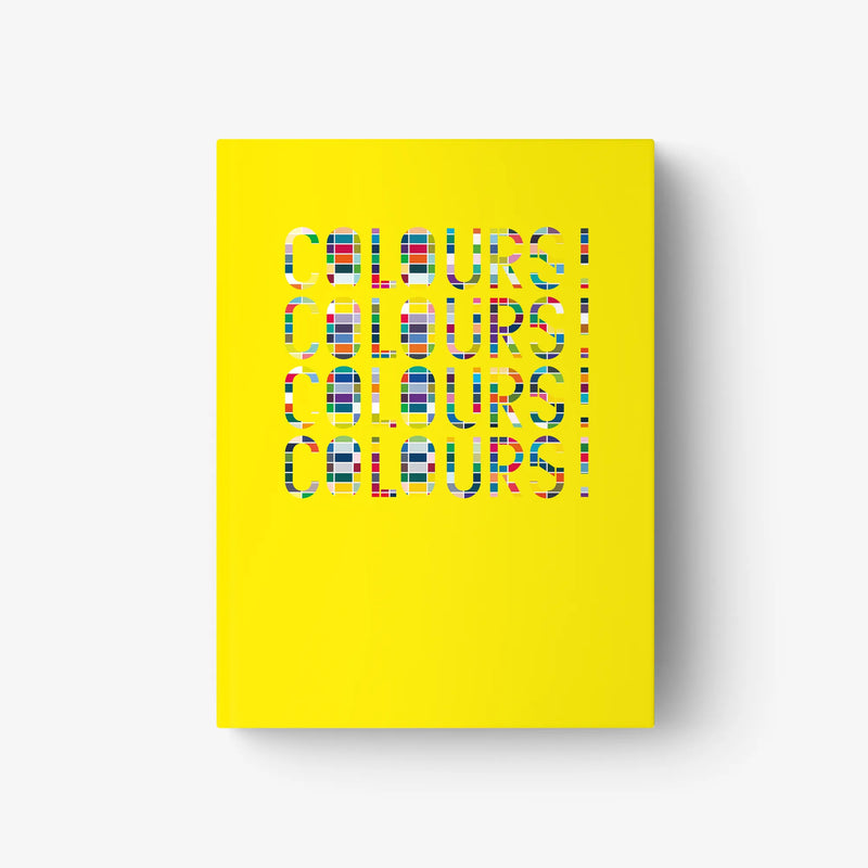 Yellow art book cover with stacked 'COLOURS!' title lettering