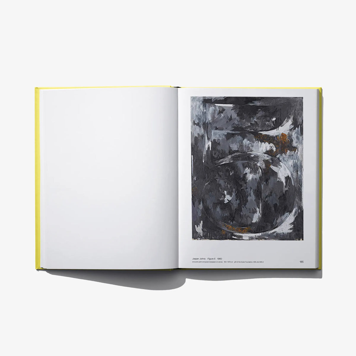 Open art book with blank left page and gray abstract print on right