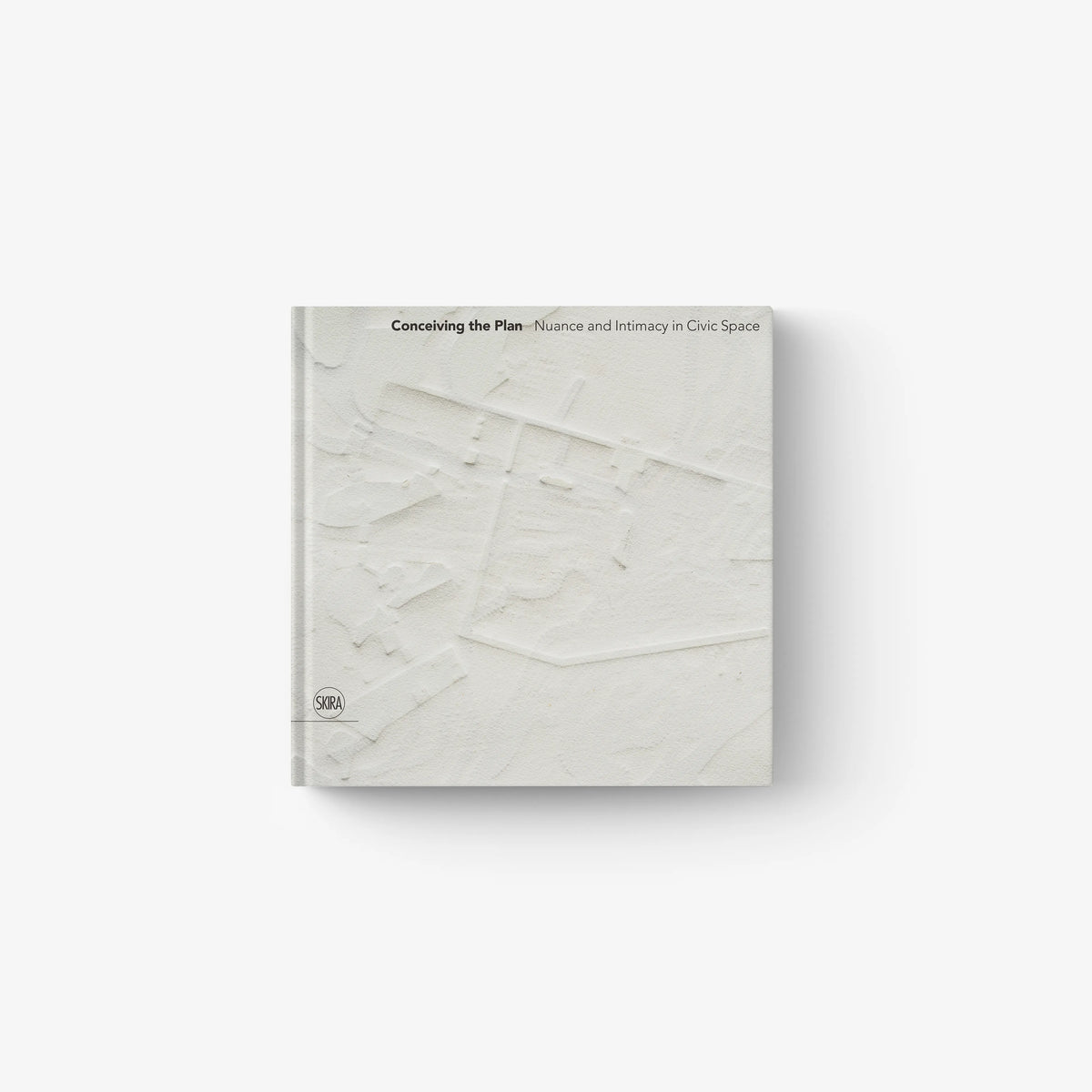 Architecture exhibition catalogue by Skira Arte, white book cover with embossed civic space design, for 17th Venice Biennale