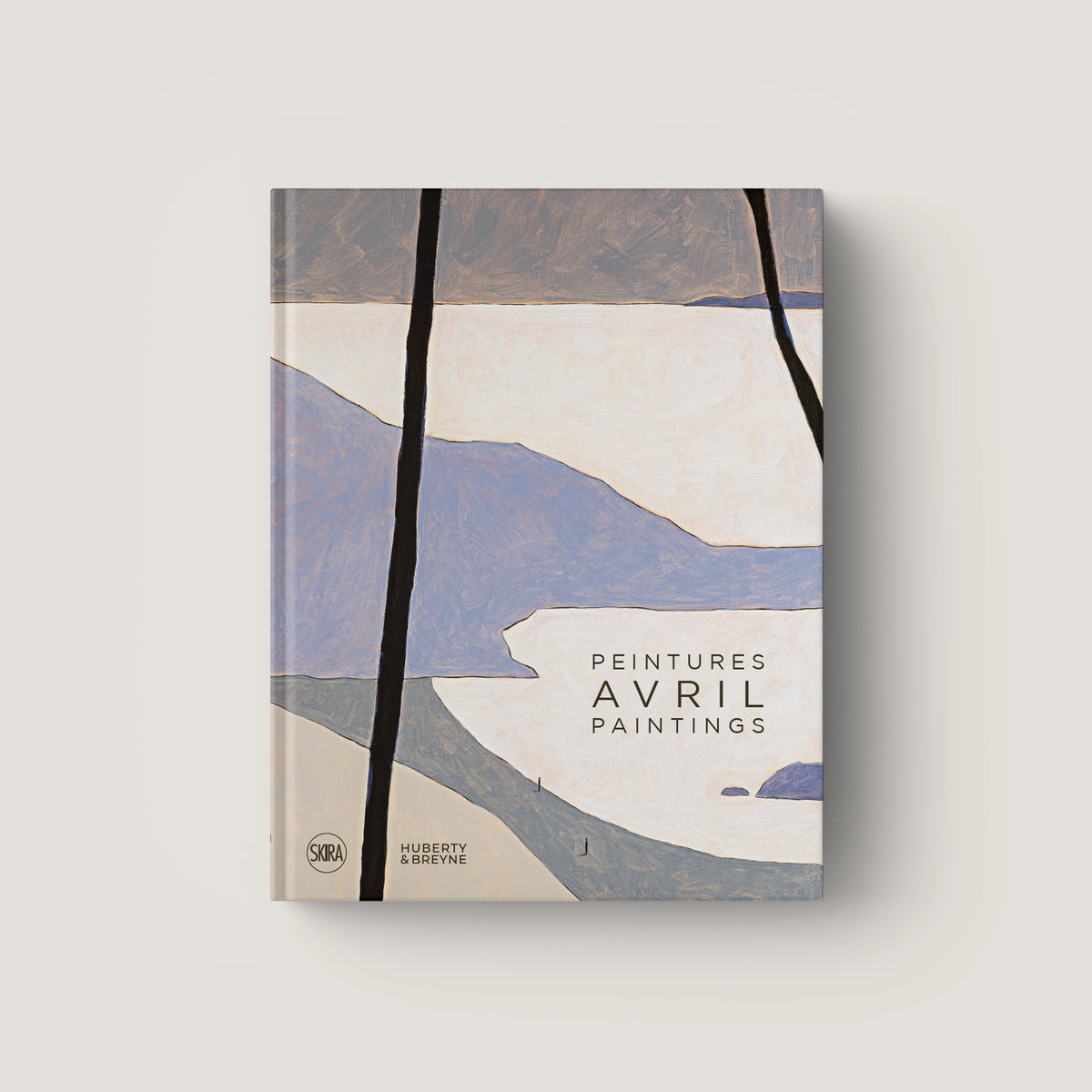 Soft abstract landscape painting in muted blues, grays, and cream with black vertical accents.