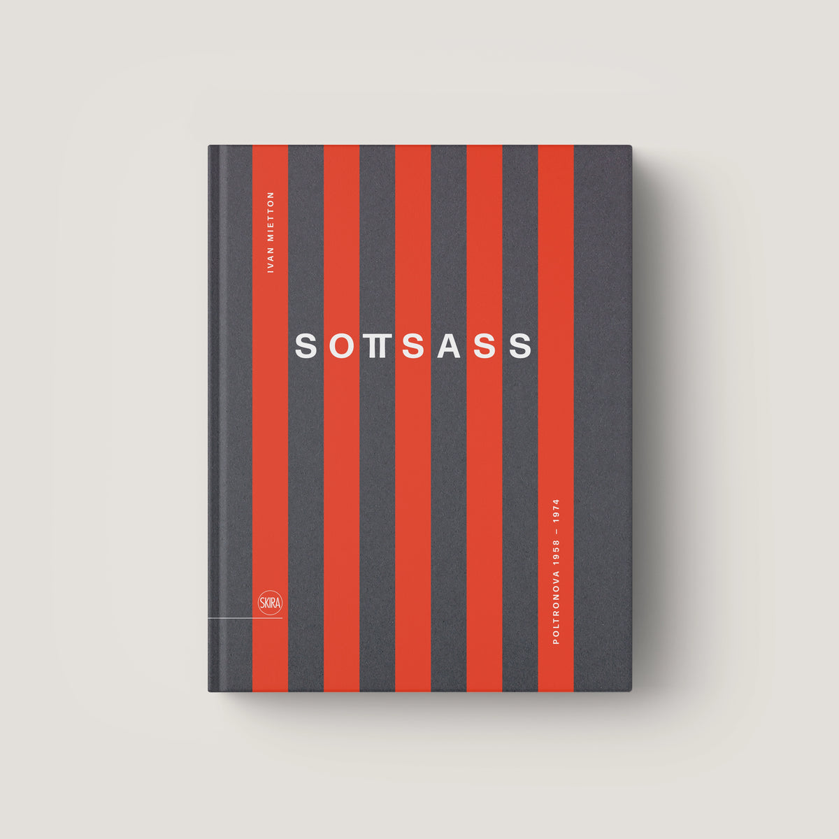 Book titled Sottsass with vertical red and dark gray stripes and white text on the cover.