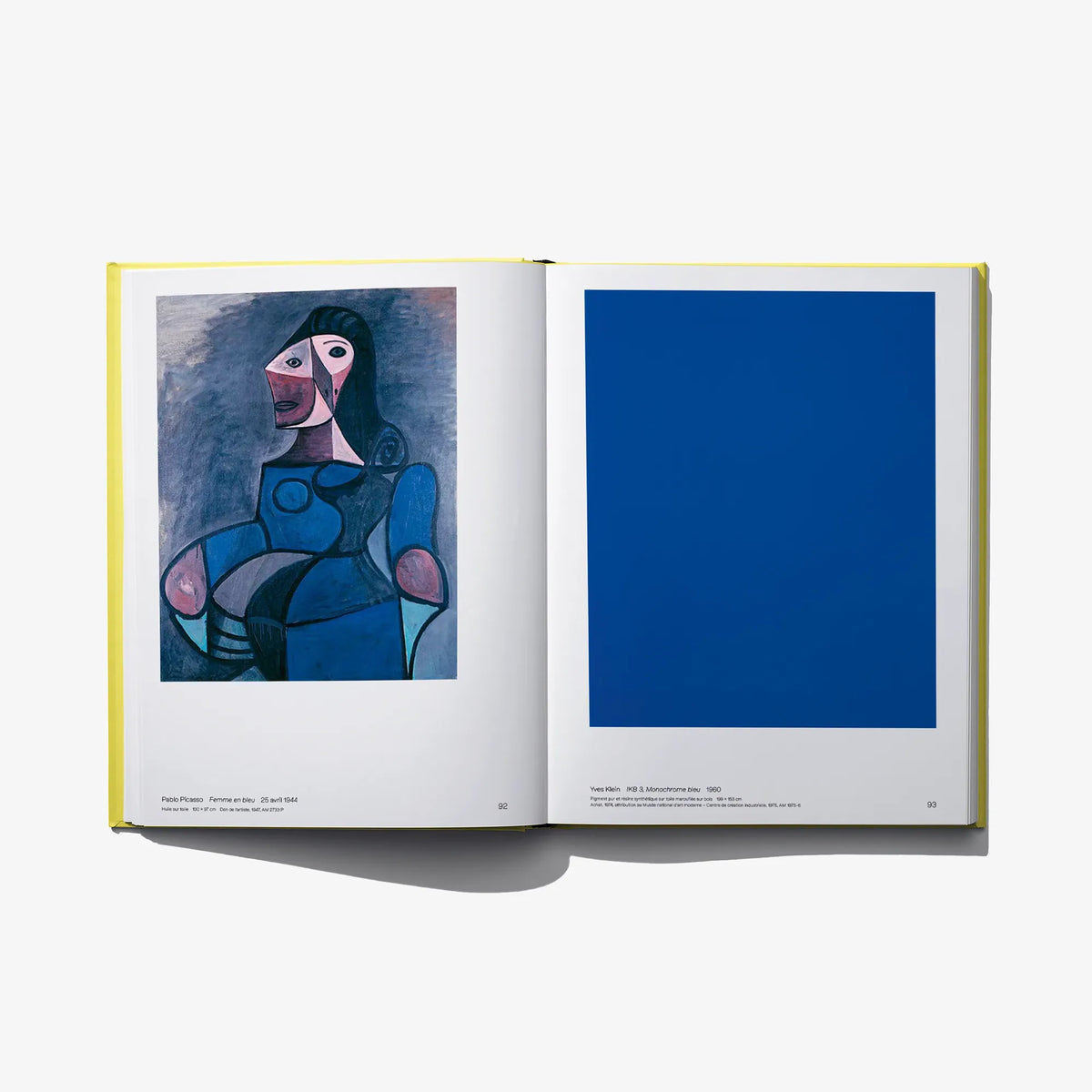 Open book with abstract portrait artwork on left page and solid blue page on right