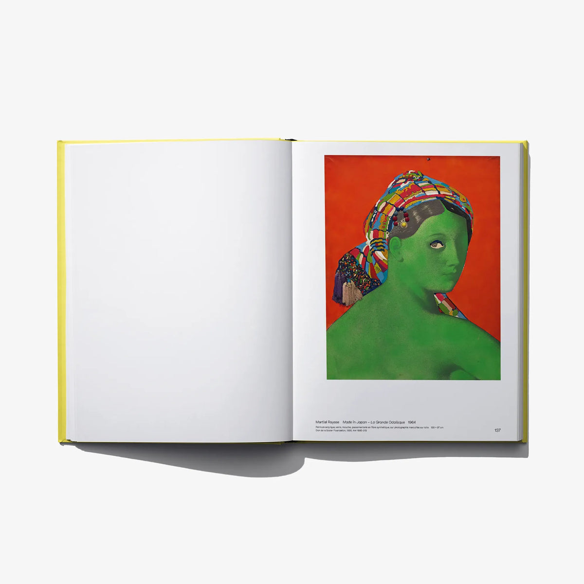 Open book with green face portrait and red background on the right page